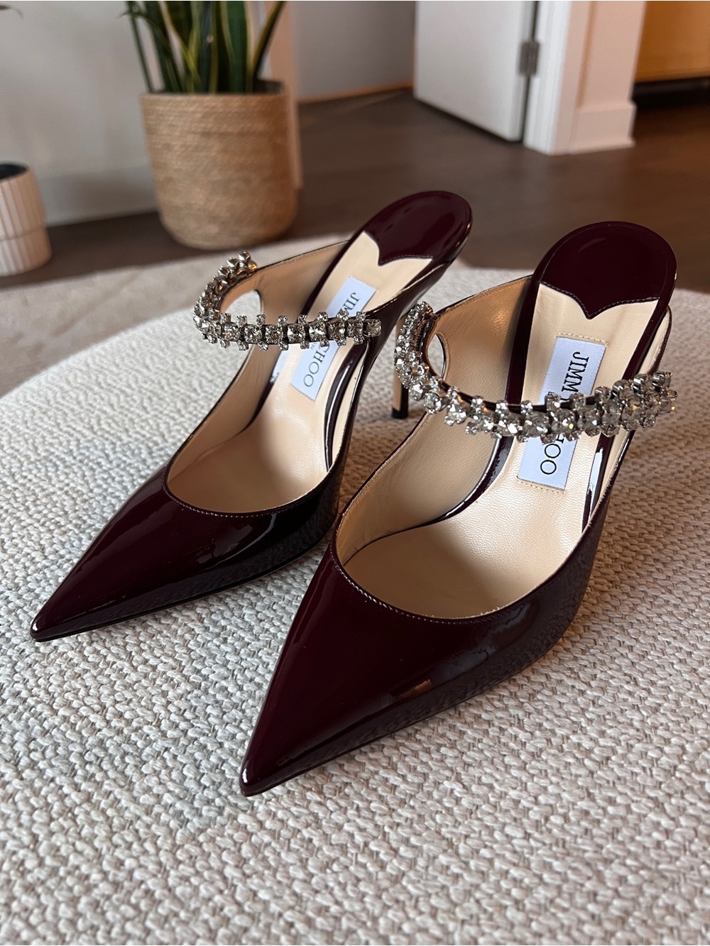 Jimmy Choo Bing 100 Wine Patent Leather Crystal-Strap Pointed Mules
